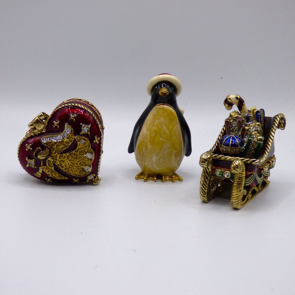 Trio of Monet Christmas Holiday Trinket Boxes - Sleigh, Penguin, Angel Heart